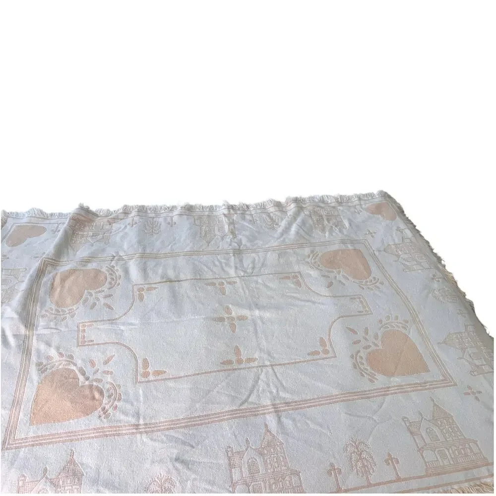 vintage 90's woven tapestry throw blanket woven fringe hearts houses peach